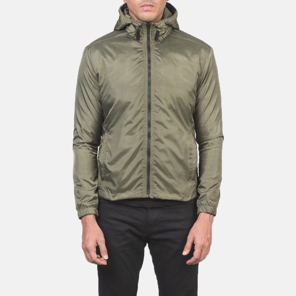 
Κοντινό πλάνο λεπτομέρειας of High Neck with Hood & Zipper with wind flap Hardware on Jimmy Χακί Hooded Windbreaker Δερμάτινο Μπουφάν Ανδρικό
