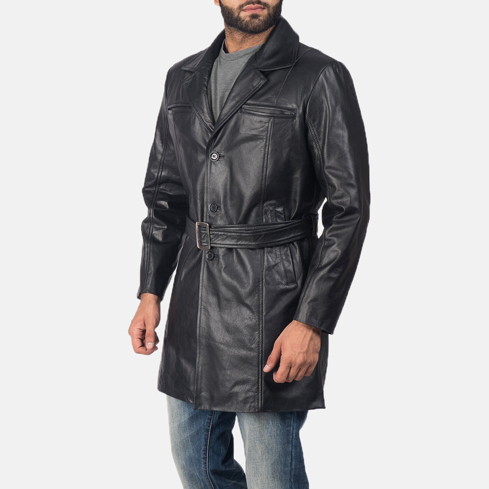 
Black Cowhide leather Coat - Πίσω όψη με εφαρμογή στους ώμους & καθαρό στρίφωμα