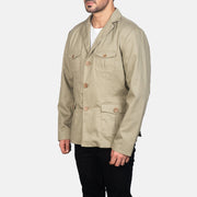 
Beige Poly-Cotton Leather Blazer - Πίσω όψη με εφαρμογή στους ώμους & καθαρό στρίφωμα
