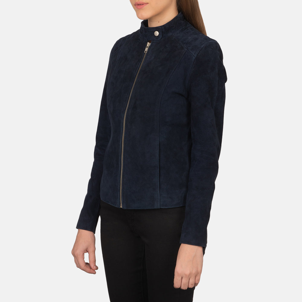 
Navy Blue Goatskin Suede Biker Jacket - Πίσω όψη με εφαρμογή στους ώμους & καθαρό στρίφωμα
