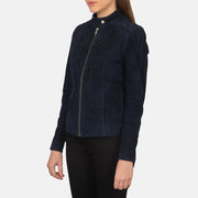 
Navy Blue Goatskin Suede Biker Jacket - Πίσω όψη με εφαρμογή στους ώμους & καθαρό στρίφωμα