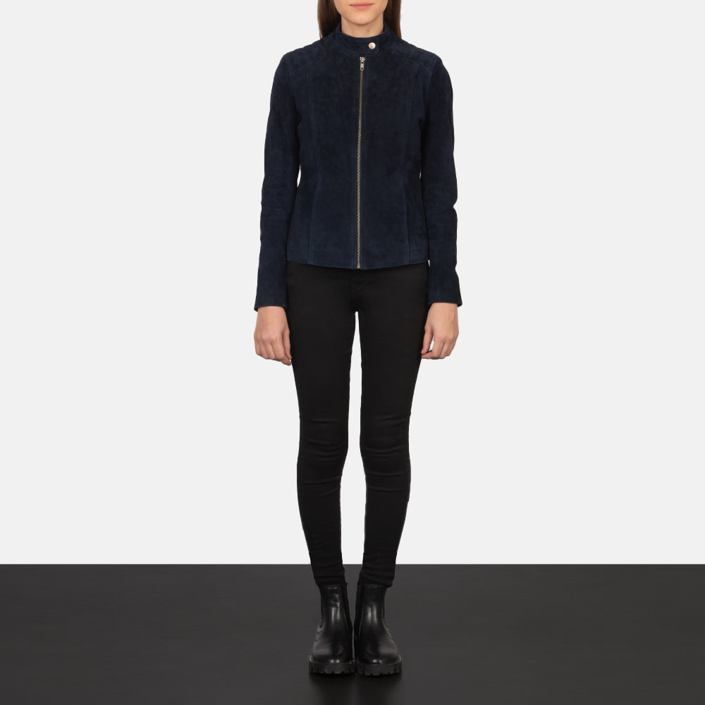 
Kelsee Navy Blue Suede Biker Jacket - Πλαϊνή όψη που αναδεικνύει το κόψιμο των μανικιών