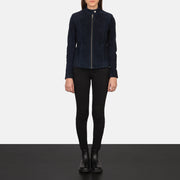 
Kelsee Navy Blue Suede Biker Jacket - Πλαϊνή όψη που αναδεικνύει το κόψιμο των μανικιών