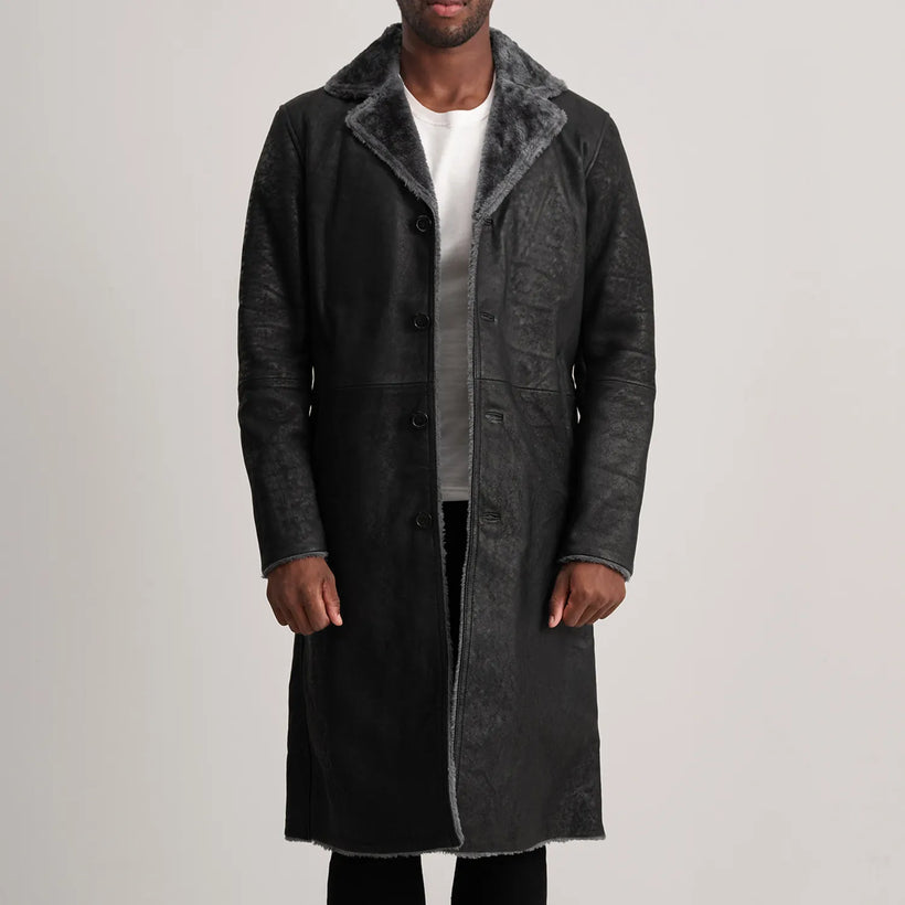 Kolby Distressed Μαύρο Leather Shearling Δερμάτινο Παλτό Ανδρικό