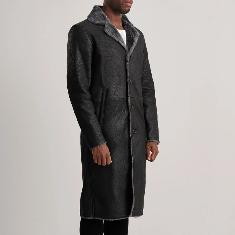 Kolby Distressed Μαύρο Leather Shearling Δερμάτινο Παλτό Ανδρικό