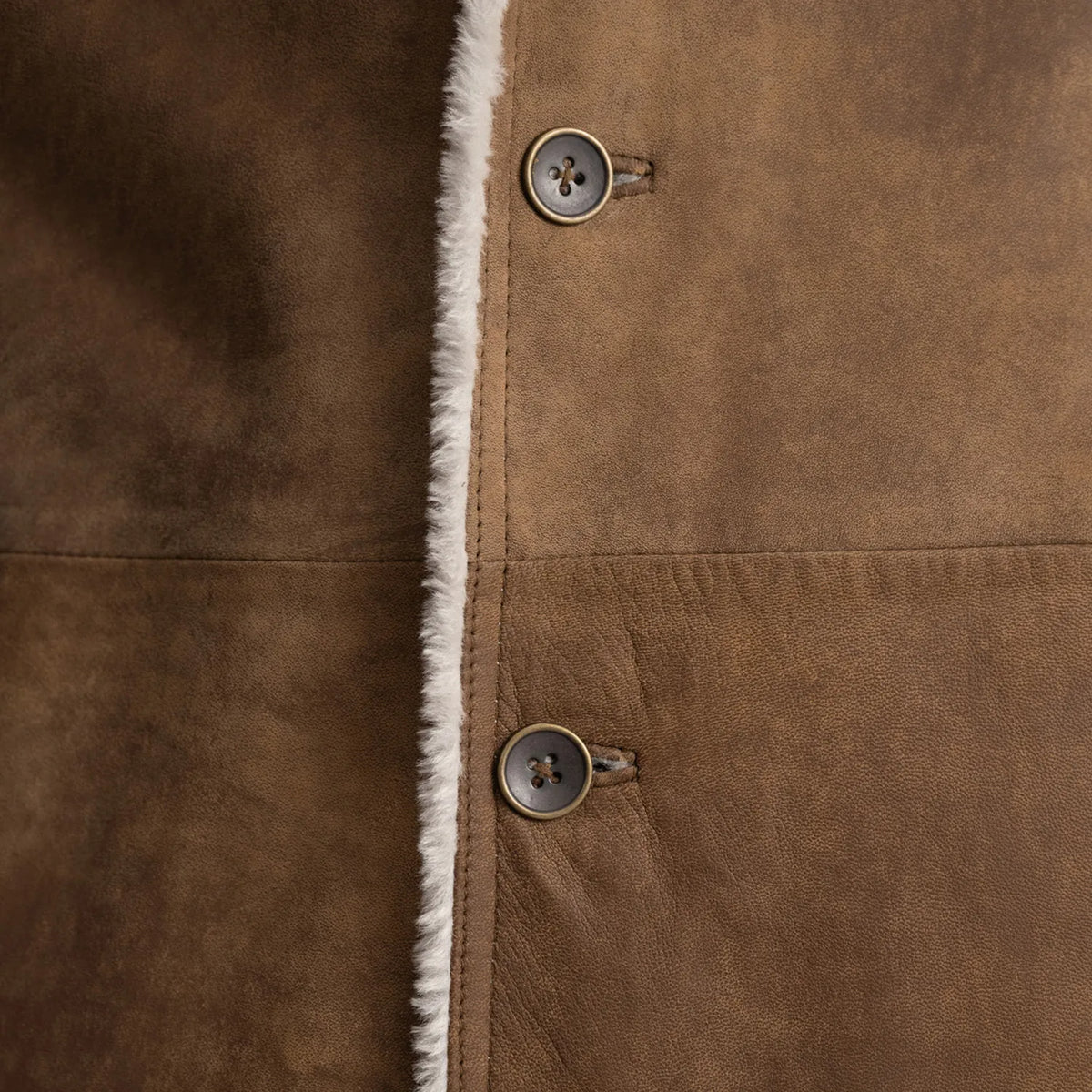 
Κοντινό πλάνο λεπτομέρειας of Notch & Button Hardware on Kolby Distressed Brown Shearling Long Coat