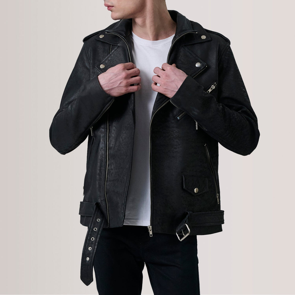 Kole Distressed Black Leather Double Rider Jacket in Distressed Black Sheepskin Snuffed - Front Profile View &amp; Tailored Silhouette | Buy Online