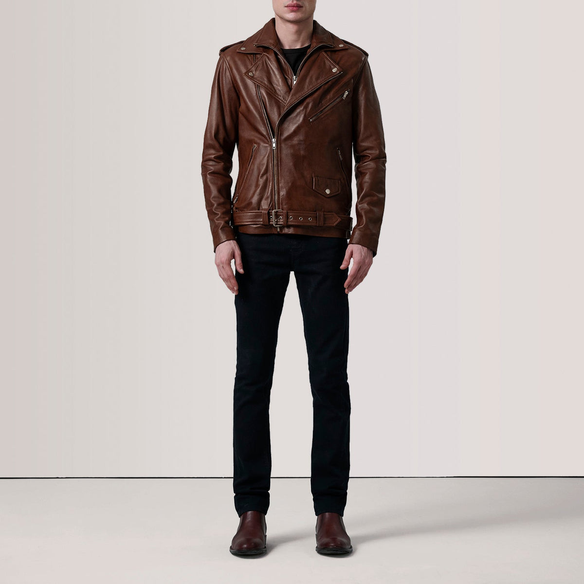 
Distressed Brown Sheepskin Burnished Biker Jacket - Πίσω όψη με εφαρμογή στους ώμους & καθαρό στρίφωμα