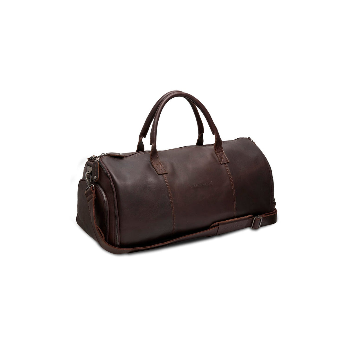 Styled Fit Perspective of Leather Garment Bag Finlay on Model - Natural Daylight Drape