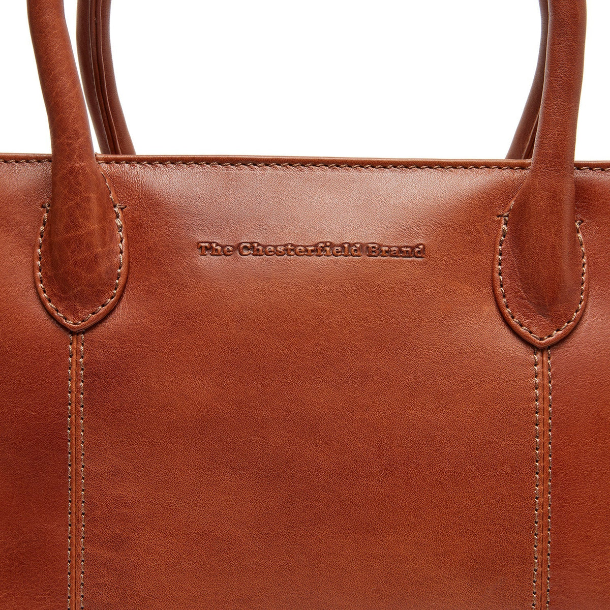 Styled Fit Perspective of Pergamino Full-Grain Leather Handbag on Model - Natural Daylight Drape