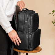 Lennox Full-Grain Leather Laptop Backpack - Structured Side Profile Showing Gusset Depth &amp; Expansion Capacity