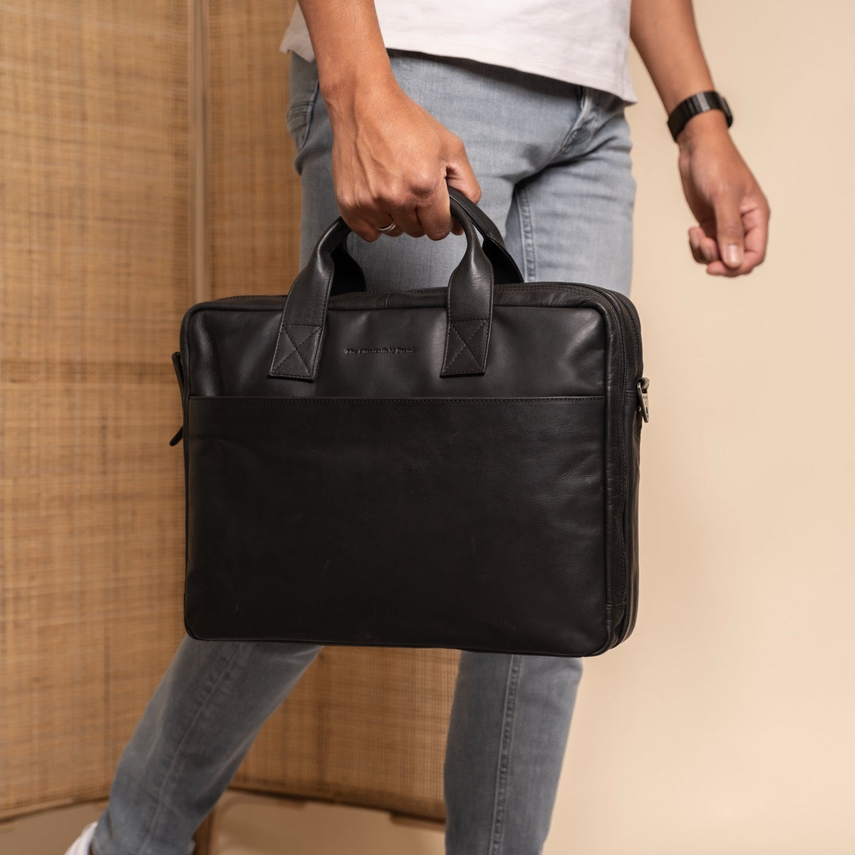 Frazer Full-Grain Leather Laptop Bag - Structured Side Profile Showing Gusset Depth &amp; Expansion Capacity