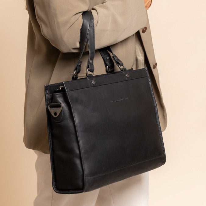 Classic 100% Full-Grain leather Briefcase - Rear Perspective Showing Reinforced Leather Straps & Stitching