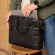 Classic 100% Full-Grain leather Briefcase - Rear Perspective Showing Reinforced Leather Straps &amp; Stitching