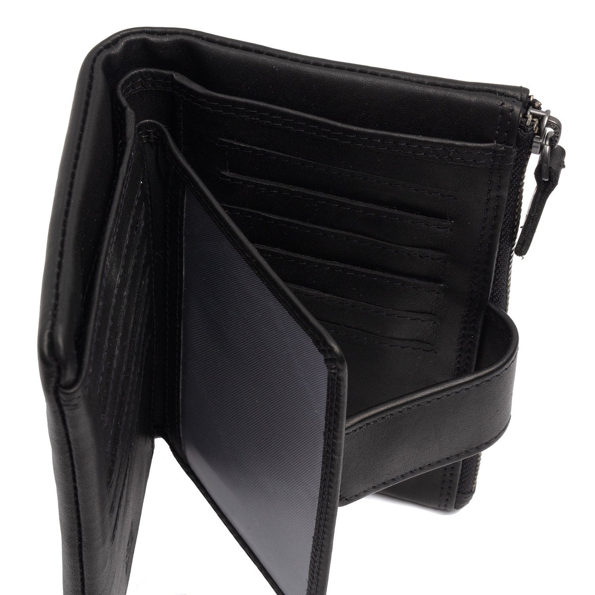 Solid Antique Brass Hardware &amp; Heavy-Duty Dual Zipper Detail on Landau Full-Grain Leather Wallet