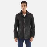 Leo Black Leather Coat in Black Cowhide Leather - Front Profile View &amp; Tailored Silhouette | Buy Online
