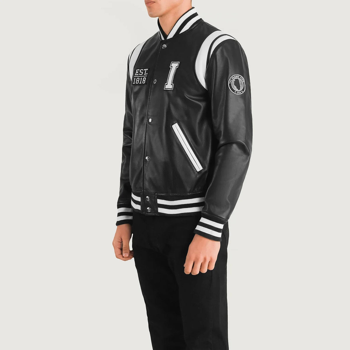 
Black & White Sheepskin Leather Varsity Jacket - Πίσω όψη με εφαρμογή στους ώμους & καθαρό στρίφωμα