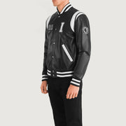 
Black & White Sheepskin Leather Varsity Jacket - Πίσω όψη με εφαρμογή στους ώμους & καθαρό στρίφωμα