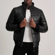 
Lucas Blue Leather Puffer Bomber Jacket in Blue Sheepskin Leather - Μπροστινή όψη & εφαρμοστή σιλουέτα | Αγορά online