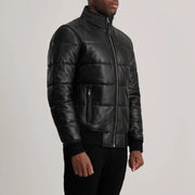 
Blue Sheepskin Leather Bomber Jacket - Πίσω όψη με εφαρμογή στους ώμους & καθαρό στρίφωμα