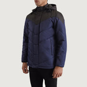 
Black & Blue Full-Grain Leather Hooded Jacket - Πίσω όψη με εφαρμογή στους ώμους & καθαρό στρίφωμα