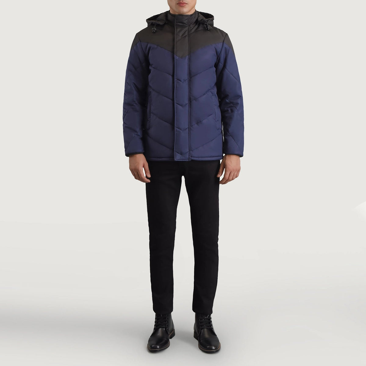 
Luka Μαύρο & Μπλε Hooded Puffer Δερμάτινο Μπουφάν Ανδρικό - Πλαϊνή όψη που αναδεικνύει το κόψιμο των μανικιών