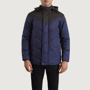 
Κοντινό πλάνο λεπτομέρειας of Classic Collar & Zipper With Velcro Placket Hardware on Luka Μαύρο & Μπλε Hooded Puffer Δερμάτινο Μπουφάν Ανδρικό