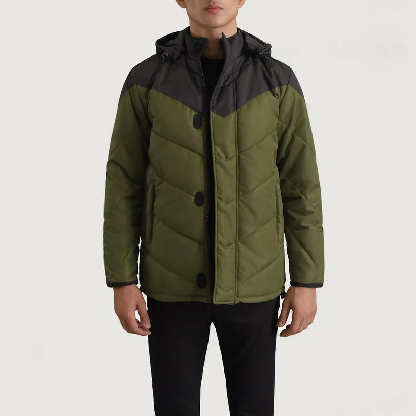 Luka Μαύρο & Χακί Hooded Puffer Δερμάτινο Μπουφάν Ανδρικό