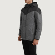 
Black & Grey Full-Grain Leather Hooded Jacket - Πίσω όψη με εφαρμογή στους ώμους & καθαρό στρίφωμα