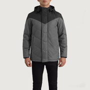 
Κοντινό πλάνο λεπτομέρειας of Classic Collar & Zipper With Velcro Placket Hardware on Luka Μαύρο & Grey Hooded Puffer Δερμάτινο Μπουφάν Ανδρικό