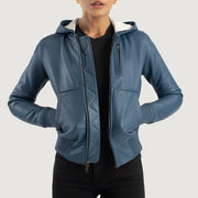 
Luna Blue Hooded Leather Bomber Jacket in Blue Sheepskin Leather - Μπροστινή όψη & εφαρμοστή σιλουέτα | Αγορά online
