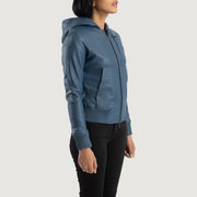 
Blue Sheepskin Leather Bomber Jacket - Πίσω όψη με εφαρμογή στους ώμους & καθαρό στρίφωμα