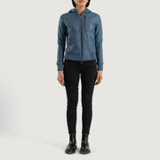 
Luna Blue Hooded Leather Bomber Jacket - Πλαϊνή όψη που αναδεικνύει το κόψιμο των μανικιών