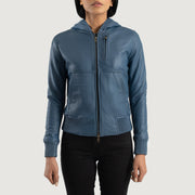 
Κοντινό πλάνο λεπτομέρειας of Hooded & Zipper Hardware on Luna Blue Hooded Leather Bomber Jacket
