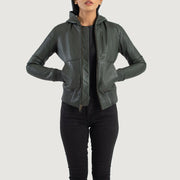 
Tailored Rib Cuffs & Hem Craftsmanship Construction Detail on Luna Blue Hooded Leather Bomber Jacket