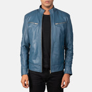 Mack Blue Leather Biker Jacket in Blue Sheepskin Leather - Front Profile View &amp; Tailored Silhouette | Buy Online