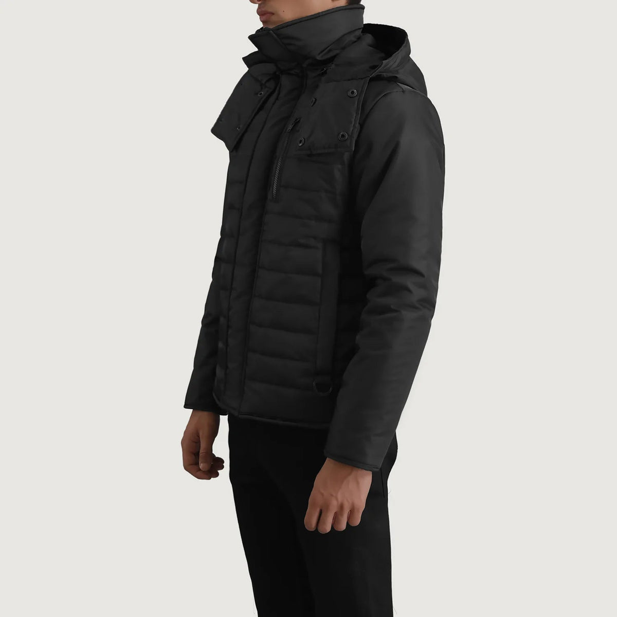 
Black Full-Grain Leather Hooded Jacket - Πίσω όψη με εφαρμογή στους ώμους & καθαρό στρίφωμα