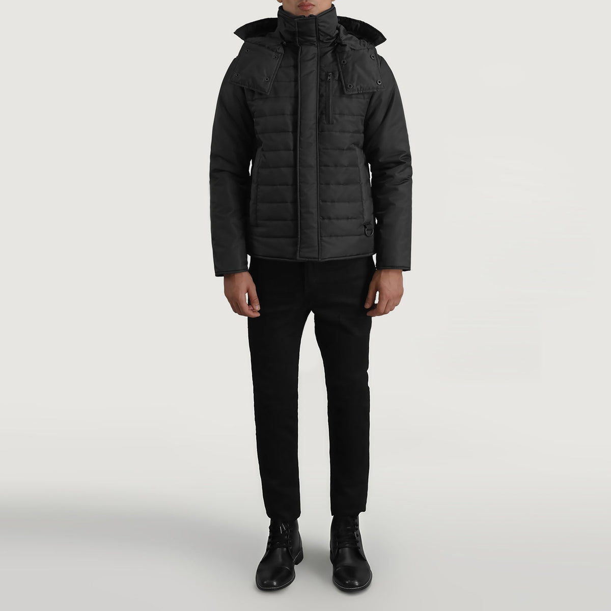 
Malcolm Μαύρο Hooded Puffer Δερμάτινο Μπουφάν Ανδρικό - Πλαϊνή όψη που αναδεικνύει το κόψιμο των μανικιών