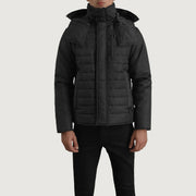 
Κοντινό πλάνο λεπτομέρειας of Classic Collar & Zipper With Placket Hardware on Malcolm Μαύρο Hooded Puffer Δερμάτινο Μπουφάν Ανδρικό