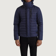 
Κοντινό πλάνο λεπτομέρειας of Classic Collar & Zipper With Placket Hardware on Malcolm Μπλε Hooded Puffer Δερμάτινο Μπουφάν Ανδρικό