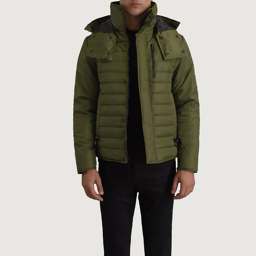 Malcolm Χακί Hooded Puffer Δερμάτινο Μπουφάν Ανδρικό