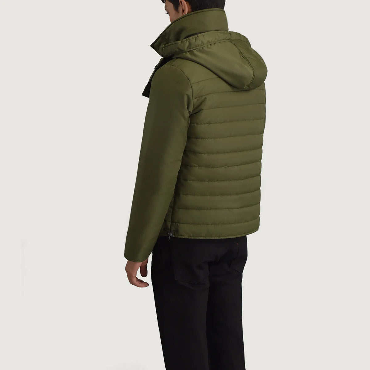 
Green Full-Grain Leather Hooded Jacket - Πίσω όψη με εφαρμογή στους ώμους & καθαρό στρίφωμα