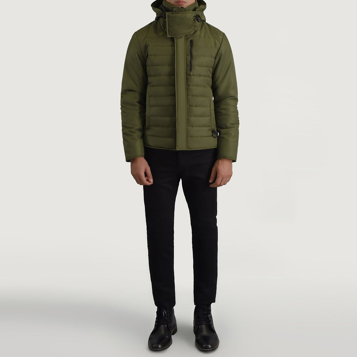 
Κοντινό πλάνο λεπτομέρειας of Classic Collar & Zipper With Placket Hardware on Malcolm Χακί Hooded Puffer Δερμάτινο Μπουφάν Ανδρικό