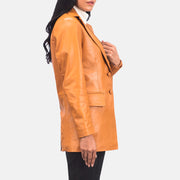 Close-Up Detail of Notch &amp; Leather Buttons Hardware on Women's Marilyn Tan Brown Leather Blazer