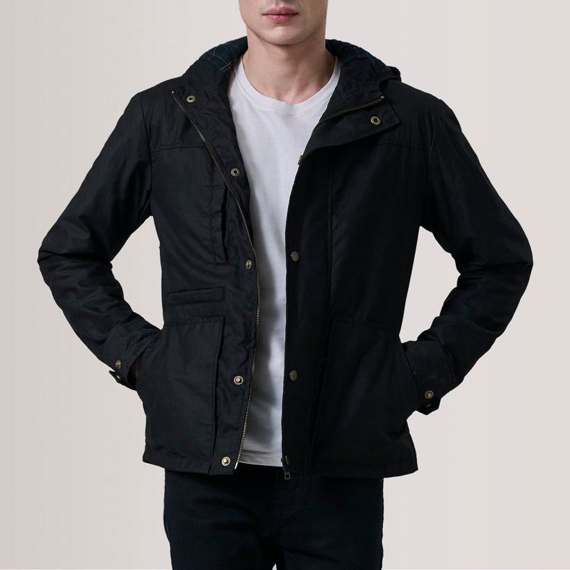 Marlo Μαύρο Canvas Hooded Work Δερμάτινο Μπουφάν Ανδρικό