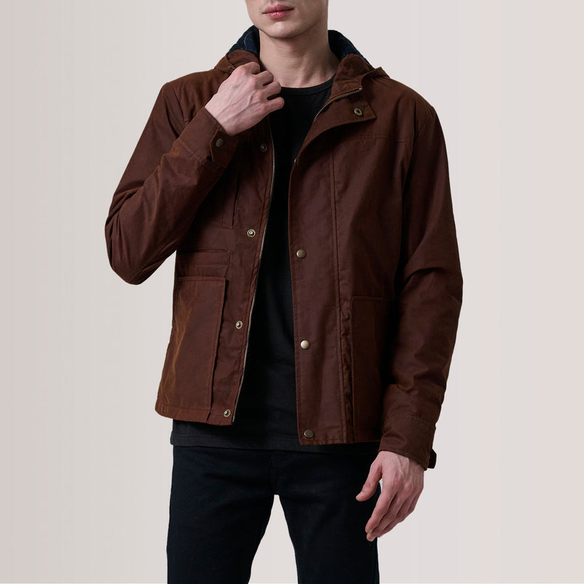 Marlo Καφέ Canvas Hooded Work Δερμάτινο Μπουφάν Ανδρικό