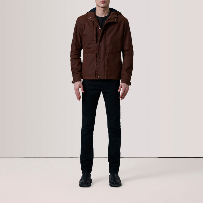 Marlo Καφέ Canvas Hooded Work Δερμάτινο Μπουφάν Ανδρικό