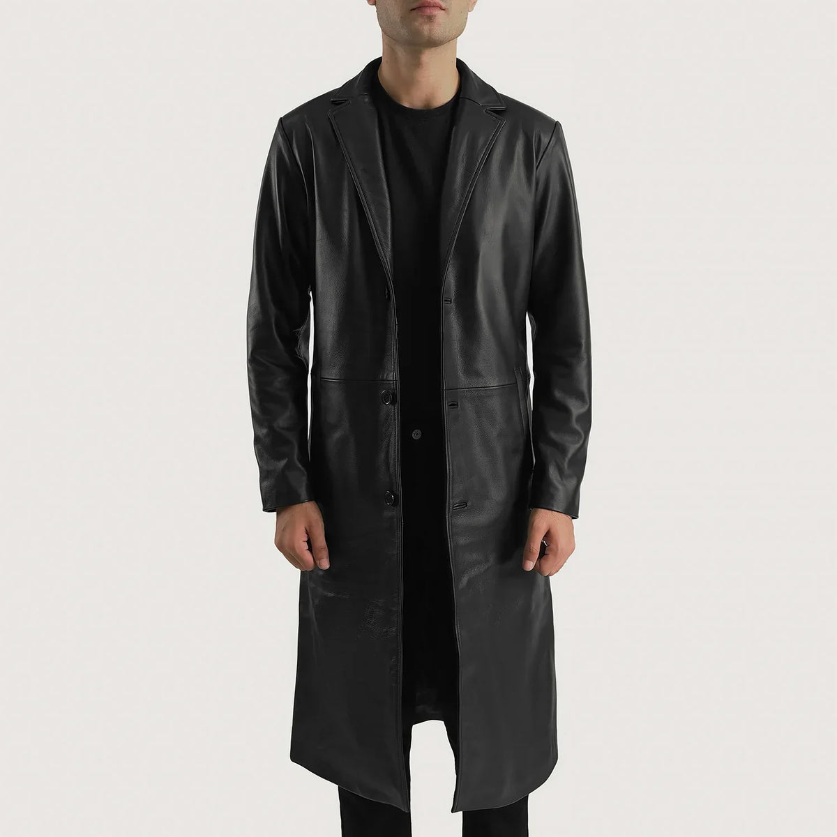 Mateo Black Leather Single Breasted Coat in Black Cowhide Leather - Front Profile View &amp; Tailored Silhouette | Buy Online