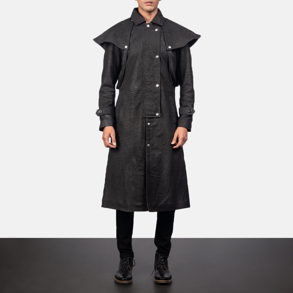 
Maverick Μαύρο Leather Duster Ανδρικό in Distressed Black Sheepskin Snuffed - Μπροστινή όψη & εφαρμοστή σιλουέτα | Αγορά online