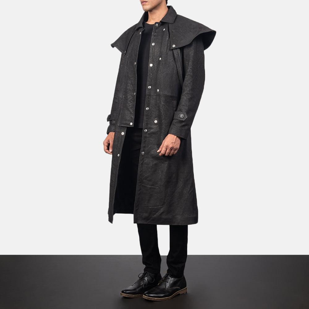 
Distressed Black Sheepskin Snuffed Trench Coat - Πίσω όψη με εφαρμογή στους ώμους & καθαρό στρίφωμα